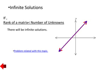 •Infinite Solutions
If ,
Rank of a matrix< Number of Unknowns
There will be infinite solutions.
•Problem related with this topic.
 