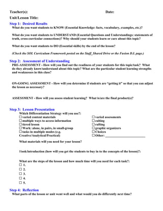 Teacher(s):                                                           Date:      
Unit/Lesson Title:      
Step 1: Desired Results
 What do you want students to KNOW (Essential Knowledge: facts, vocabulary, examples, etc.)?
      
 What do you want students to UNDERSTAND (Essential Questions and Understandings: statements of
 truth, cross-curricular connections)? Why should your students learn or care about this topic?
      
 What do you want students to DO (Essential skills) by the end of the lesson?
      
 (Check the SOL Curriculum Framework posted on the Staff_Shared Drive or the Fusion D.I. page.)

Step 2: Assessment of Understanding
 PRE-ASSESSMENT - How will you find out the readiness of your students for this topic/task? What
 do they already know/understand about this topic? What are the particular student learning strengths
 and weaknesses in this class?
      

 ON-GOING ASSESSMENT - How will you determine if students are “getting it” so that you can adjust
 the lesson as necessary?
      

 ASSESSMENT - How will you assess student learning? What is/are the final product(s)?
      

Step 3: Lesson Presentation
      Which Differentiation Strategy will you use?:
        varied content materials                              varied assessments
        multiple ways to access information                   cubing
        tiered lesson                                         rafting
        Work: alone, in pairs, in small-group                 graphic organizers
        tasks in multiple modes (e.g.                         Choices
      Creative/Analytical/Practical)                          Other: _________________________
      What materials will you need for your lesson?
            
      Hook/introduction (how will you get the students to buy in to the concepts of the lesson)?:
           
      What are the steps of the lesson and how much time will you need for each task?:
       1.      
       2.      
       3.      
       4.      
       5.      

Step 4: Reflection
 What parts of the lesson or unit went well and what would you do differently next time?
            
 