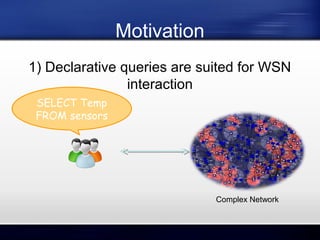Motivation
1) Declarative queries are suited for WSN
interaction
SELECT Temp
FROM sensors

Complex Network

 