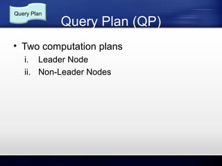 Query Plan

Query Plan (QP)

• Two computation plans
i. Leader Node
ii. Non-Leader Nodes

 