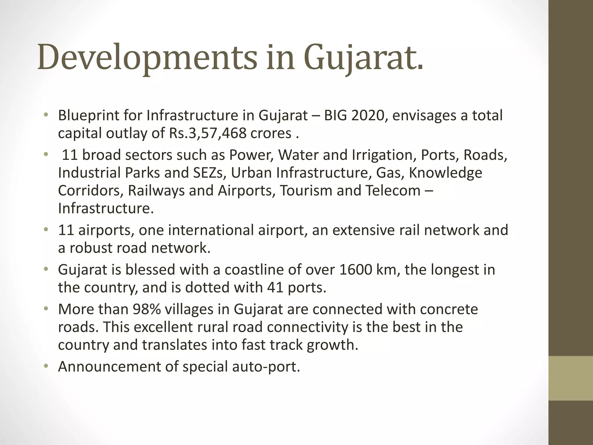Developments in Gujarat. 
• Blueprint for Infrastructure in Gujarat – BIG 2020, envisages a total 
capital outlay of Rs.3,57,468 crores . 
• 11 broad sectors such as Power, Water and Irrigation, Ports, Roads, 
Industrial Parks and SEZs, Urban Infrastructure, Gas, Knowledge 
Corridors, Railways and Airports, Tourism and Telecom – 
Infrastructure. 
• 11 airports, one international airport, an extensive rail network and 
a robust road network. 
• Gujarat is blessed with a coastline of over 1600 km, the longest in 
the country, and is dotted with 41 ports. 
• More than 98% villages in Gujarat are connected with concrete 
roads. This excellent rural road connectivity is the best in the 
country and translates into fast track growth. 
• Announcement of special auto-port. 
 