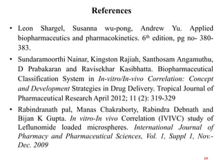 References
• Leon Shargel, Susanna wu-pong, Andrew Yu. Applied
biopharmaceutics and pharmacokinetics. 6th edition, pg no- 380-
383.
• Sundaramoorthi Nainar, Kingston Rajiah, Santhosam Angamuthu,
D Prabakaran and Ravisekhar Kasibhatta. Biopharmaceutical
Classification System in In-vitro/In-vivo Correlation: Concept
and Development Strategies in Drug Delivery. Tropical Journal of
Pharmaceutical Research April 2012; 11 (2): 319-329
• Rabindranath pal, Manas Chakraborty, Rabindra Debnath and
Bijan K Gupta. In vitro-In vivo Correlation (IVIVC) study of
Leflunomide loaded microspheres. International Journal of
Pharmacy and Pharmaceutical Sciences, Vol. 1, Suppl 1, Nov.-
Dec. 2009
19
 