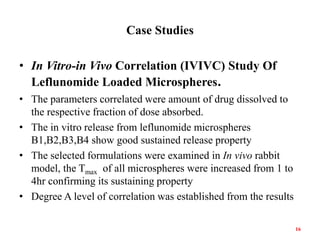 Case Studies
• In Vitro-in Vivo Correlation (IVIVC) Study Of
Leflunomide Loaded Microspheres.
• The parameters correlated ...