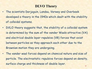 DLVO Theory
• The scientists Derjaguin, Landau, Verwey and Overbeek
developed a theory in the 1940s which dealt with the stability
of colloidal systems.
• DVLO theory suggests that, the stability of a colloidal system
is determined by the sum of the vander Waals attractive (VA)
and electrical double layer repulsive (VR) forces that exist
between particles as they approach each other due to the
Brownian motion they are undergoing.
• The vander waal forces depend on chemical nature and size of
particle. The electrostatic repulsive forces depend on density,
surface charge and thickness of double layer.
12
 