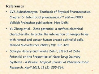 References
• CVS Subrahmanyam, Textbook of Physical Pharmaceutics.
Chapter 5: Interfacial phenomenon.2nd edition,2000.
Vallabh Prakashan publications, New Delhi.
• Yu Zhang et al., Zeta potential: a surface electrical
characteristic to probe the interaction of nanoparticles
with normal and cancer human breast epithelial cells,
Biomed Microdevices 2008; (10): 321–328.
• Soheyla Honary and Foruhe Zahir, Effect of Zeta
Potential on the Properties of Nano-Drug Delivery
Systems - A Review. Tropical Journal of Pharmaceutical
Research, April 2013; 12 (2): 255-264.
20
 