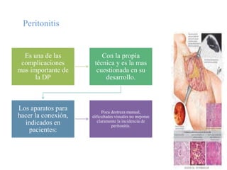 Peritonitis


  Es una de las          Con la propia
 complicaciones       técnica y es la mas
mas importante de      cuestionada en su
      la DP               desarrollo.



Los aparatos para          Poca destreza manual,
hacer la conexión,   dificultades visuales no mejoran
  indicados en          claramente la incidencia de
                                peritonitis.
    pacientes:
 