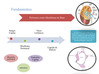 Fundamentos

                           Peritoneo como Membrana de Base




  Sangre                         Vasos
                                                                 La interacción entre estas y las
  Capilar                      Linfaticos                    variaciones impuestas por la pauta de
                                                              diálisis configuran la operatividad de
                                                             este sistema terapéutico, que supone
                                                              el paso de sustancias de la sangre al
                                                                 líquido peritoneal y viceversa.


             Membrana
             Peritoneal                     Liquido de
                                             Diálisis


Mesotelio                   Endotelio
peritoneal                   Capilar


             intersticio
 