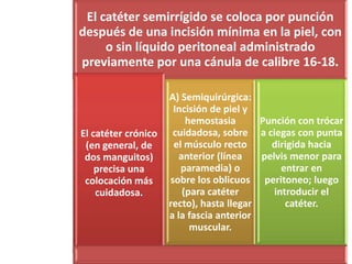 El catéter semirrígido se coloca por punción
después de una incisión mínima en la piel, con
     o sin líquido peritoneal administrado
previamente por una cánula de calibre 16-18.

                     A) Semiquirúrgica:
                      Incisión de piel y
                          hemostasia      Punción con trócar
El catéter crónico    cuidadosa, sobre a ciegas con punta
 (en general, de      el músculo recto      dirigida hacia
 dos manguitos)         anterior (línea   pelvis menor para
    precisa una         paramedia) o           entrar en
 colocación más      sobre los oblicuos peritoneo; luego
    cuidadosa.           (para catéter       introducir el
                     recto), hasta llegar       catéter.
                     a la fascia anterior
                           muscular.
 