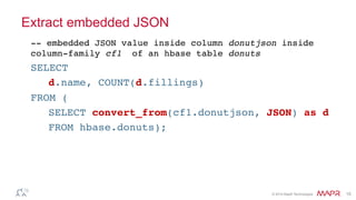 ®
© 2014 MapR Technologies 15
Extract embedded JSON
-- embedded JSON value inside column donutjson inside
column-family cf1 of an hbase table donuts
SELECT
d.name, COUNT(d.fillings)
FROM (
SELECT convert_from(cf1.donutjson, JSON) as d
FROM hbase.donuts);
 