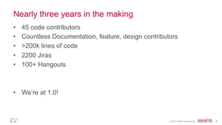 ®
© 2014 MapR Technologies 3
Nearly three years in the making
•  45 code contributors
•  Countless Documentation, feature, design contributors
•  >200k lines of code
•  2200 Jiras
•  100+ Hangouts
•  We’re at 1.0!
 