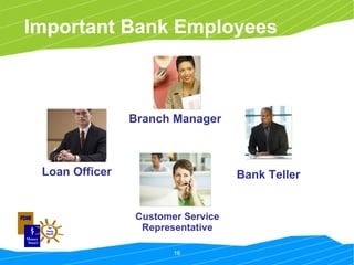 Important Bank Employees Customer Service Representative Bank Teller Loan Officer Branch Manager 