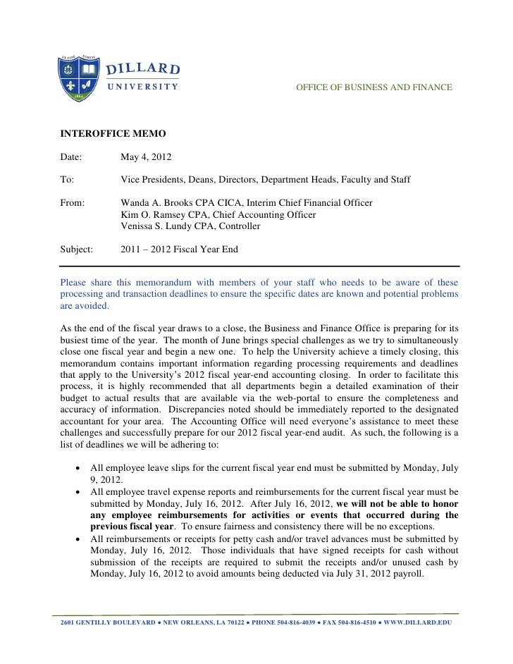 Dillard University 2011 – 2012 Fiscal Year End Memo