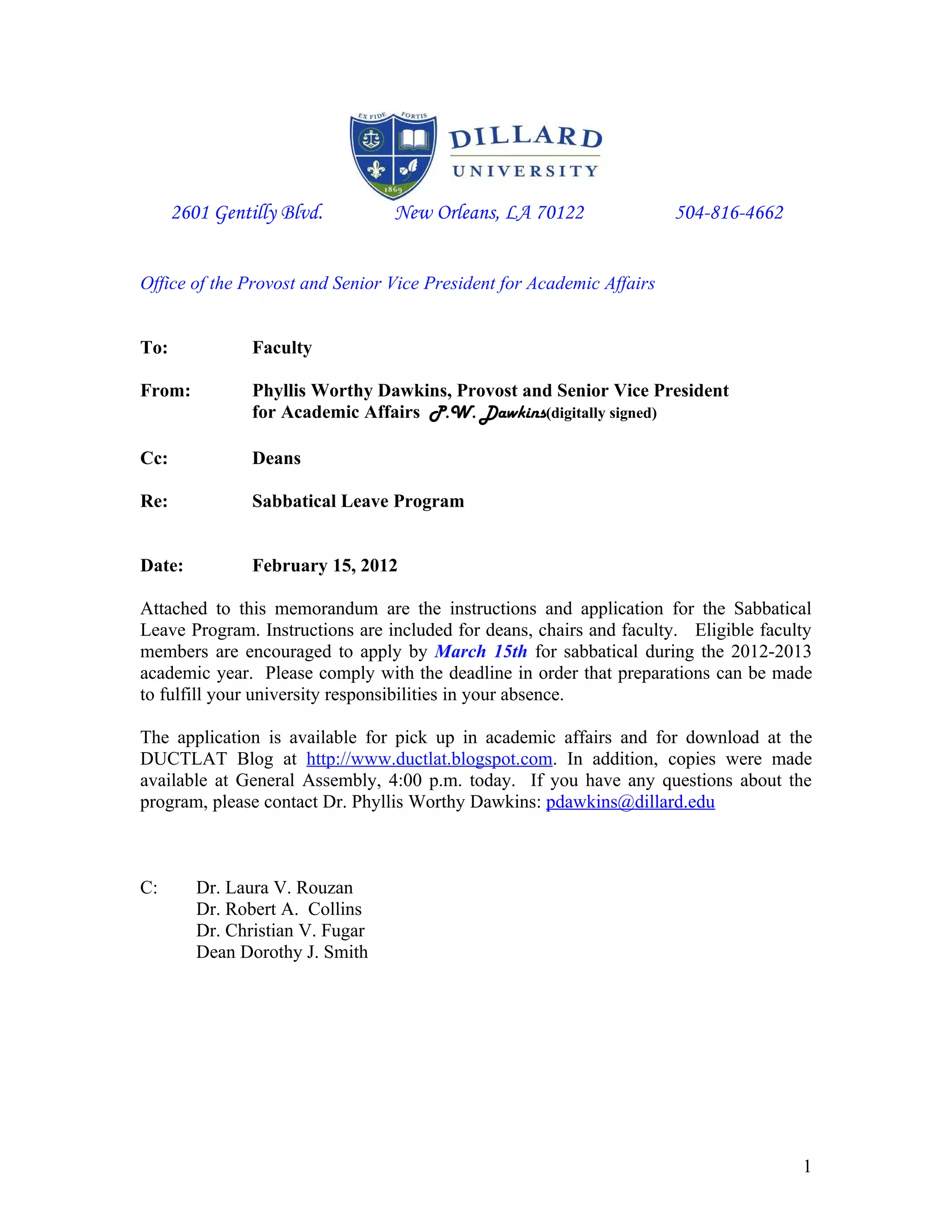 Dillard University CTLAT Sabbatical Application Feb15, 2012