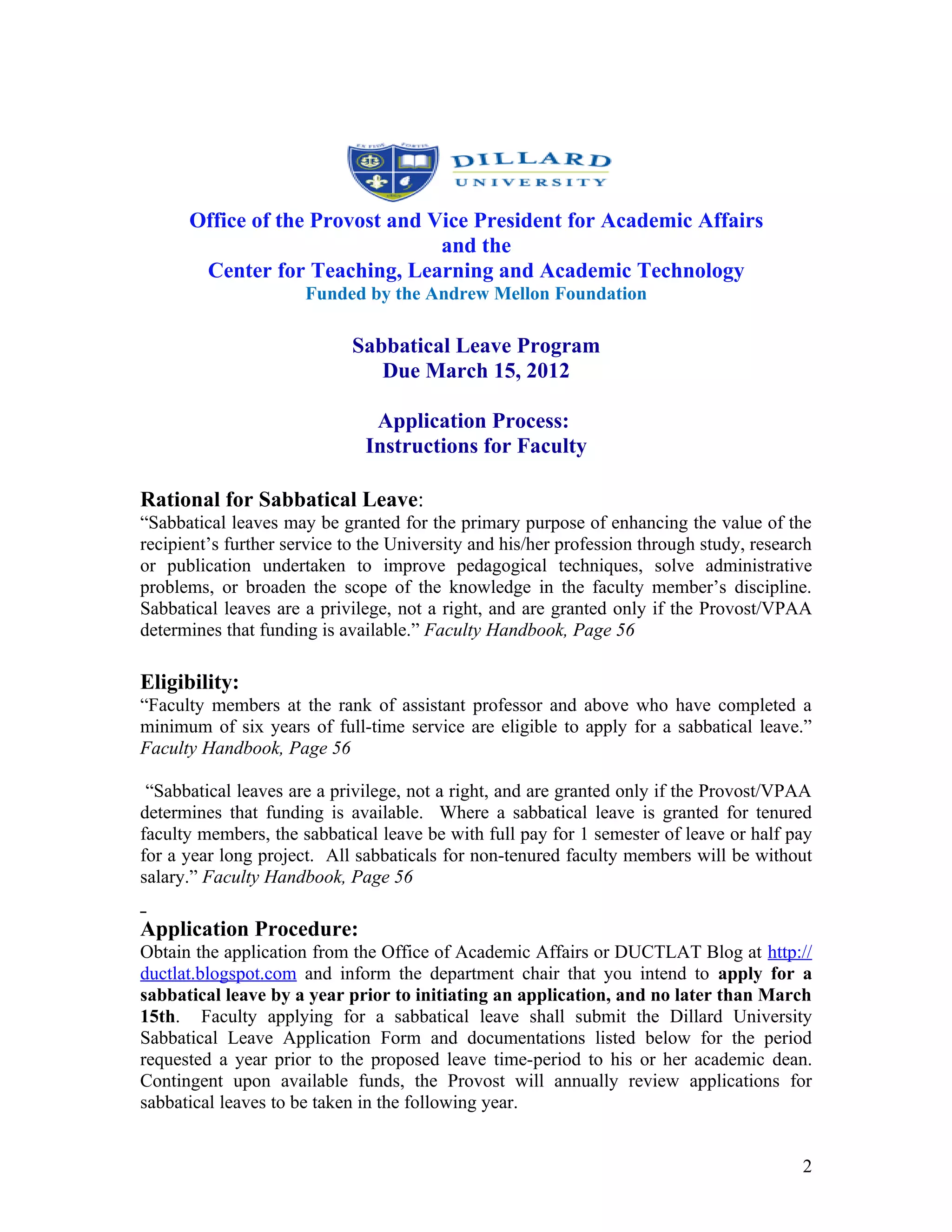 Dillard University CTLAT Sabbatical Application Feb15, 2012