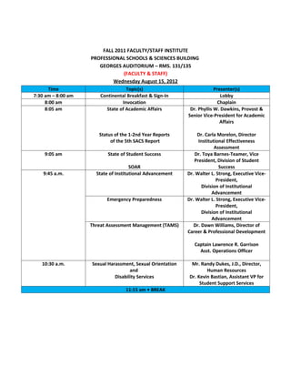 FALL 2011 FACULTY/STAFF INSTITUTE
                    PROFESSIONAL SCHOOLS & SCIENCES BUILDING
                       GEORGES AUDITORIUM – RMS. 131/135
                                  (FACULTY & STAFF)
                             Wednesday August 15, 2012
      Time                         Topic(s)                            Presenter(s)
7:30 am – 8:00 am      Continental Breakfast & Sign-In                    Lobby
     8:00 am                     Invocation                              Chaplain
     8:05 am              State of Academic Affairs        Dr. Phyllis W. Dawkins, Provost &
                                                          Senior Vice-President for Academic
                                                                          Affairs

                       Status of the 1-2nd Year Reports         Dr. Carla Morelon, Director
                            of the 5th SACS Report               Institutional Effectiveness
                                                                         Assessment
    9:05 am                State of Student Success            Dr. Toya Barnes-Teamer, Vice
                                                               President, Division of Student
                                      SOAR                                 Success
    9:45 a.m.         State of Institutional Advancement    Dr. Walter L. Strong, Executive Vice-
                                                                          President,
                                                                   Division of Institutional
                                                                        Advancement
                          Emergency Preparedness            Dr. Walter L. Strong, Executive Vice-
                                                                          President,
                                                                   Division of Institutional
                                                                        Advancement
                    Threat Assessment Management (TAMS)        Dr. Dawn Williams, Director of
                                                            Career & Professional Development

                                                               Captain Lawrence R. Garrison
                                                                 Asst. Operations Officer

   10:30 a.m.       Sexual Harassment, Sexual Orientation     Mr. Randy Dukes, J.D., Director,
                                     and                             Human Resources
                              Disability Services            Dr. Kevin Bastian, Assistant VP for
                                                                  Student Support Services
                                   11:15 am • BREAK
 