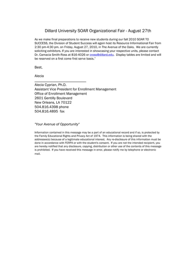 Dillard university soar organizational fair august 27th