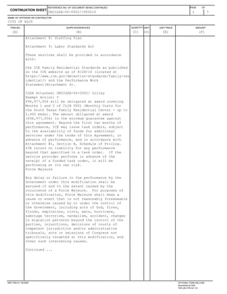 ITEM NO. SUPPLIES/SERVICES QUANTITY UNIT UNIT PRICE AMOUNT
NAME OF OFFEROR OR CONTRACTOR
3 7
CONTINUATION SHEET
REFERENCE NO. OF DOCUMENT BEING CONTINUED PAGE OF
CITY OF ELOY
(A) (B) (C) (D) (E) (F)
DROIGSA-06-0002//P00010
Attachment 8: Staffing Plan
Attachment 9: Labor Standards Act
These services shall be provided in accordance
with:
the ICE Family Residential Standards as published
on the ICE website as of 8/28/14 (located at
https://www.ice.gov/detention-standards/family-res
idential/) and the Performance Work
Statement(Attachment 4).
IGSA Attached: DROIGSA-06-0002/ Dilley
Exempt Action: Y
$96,977,056 will be obligated at award covering
Months 1 and 2 of CLIN 0001 (Monthly Costs for
the South Texas Family Residential Center - up to
2,400 beds). The amount obligated at award
($96,977,056) is the minimum guarantee against
this agreement. Beyond the first two months of
performance, ICE may issue task orders, subject
to the availability of funds for additional
services under the terms of this Agreement, in
advance of performance, and in accordance with
Attachment #1, Section B, Schedule of Pricing.
ICE incurs no liability for any performance
beyond that specified in a task order. If the
service provider performs in advance of the
receipt of a funded task order, it will be
performing at its own risk.
Force Majeure
Any delay or failure in the performance by the
Government under this modification shall be
excused if and to the extent caused by the
occurrence of a Force Majeure. For purposes of
this modification, Force Majeure shall mean a
cause or event that is not reasonably foreseeable
or otherwise caused by or under the control of
the Government, including acts of God, fires,
floods, explosions, riots, wars, hurricane,
sabotage terrorism, vandalism, accident, changes
in migration patterns beyond the control of the
parties, injunctions, decisions of courts of
competent jurisdiction and/or administrative
tribunals, acts or omissions of Congress not
specifically targeted at this modification, and
other such intervening causes.
Continued ...
NSN 7540-01-152-8067 OPTIONAL FORM 336 (4-86)
Sponsored by GSA
FAR (48 CFR) 53.110
 