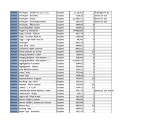Admin Envelopes - Bubble 10 1/2" x 16" Staples SEL16202 2 Packages of 10
Admin Envelopes - Business Staples 508620 2 Boxes of 500
Admin Envelopes - Clasp Staples QUA38711 5 Boxes of 100
Admin Envelopes - Interdepartment Staples 427795 2 Boxes of 500
Admin Envelopes - Moistener Staples 649920 6
Admin Expanding Files -Letter Staples 614661 2
Admin Finger Tip Moistener Staples SPR01569 5
Admin Flags - Arrow - Post Its Staples 437773 3
Admin Flags - Assorted Post Its Staples 599338 3
Admin Flags - "Sign Here" Post its Staples 84290 6
Admin Flashlight Staples 381229 5
Admin Glue Stick - Clear Staples 649481 1
Admin Guillotine Paper Trimmer Staples 887012 2
Admin Hand Sanitizer w/ Pump Staples 607942 20
Admin Hanging Folders - Letter Staples 726597 8
Admin Hanging Folders - Box Bottom - 1" Staples 508206 8
Admin Hanging Folders - Box Bottom - 2" Staples SMD64379 8
Admin Highlighters -Assorted Staples 814482 6
Admin Highlighters - Yellow Staples 814486 6
Admin Hole Reinforcements Staples 166322 5
Admin Index Cards Staples 772244 5
Admin Index Tabs Staples 665828 2
Admin Keyboard Wrist Support Staples 747847 10
Admin Key Ring Tags - Oval Staples 767301 1
Admin Kleenex - Facial Tissues Staples 712586 10
Admin Labels - 1" x 2 5/8" Staples 814453 10
Admin LabelWriter White Address Labels Staples 377179 2 Boxes of 100 sheets
Admin Label Maker - Tape Staples 79511 2
Admin Legal Pad - Wide Ruled Staples 281303 2
Admin Manila Folders - Letter Staples 744100 4
Admin Manila Folders - Letter w/ fastners Staples 831099 4
Admin Mouse Pad Staples 683907 10
Admin Packing Tape Staples 495492 3
Admin Paper Clips - Standard Staples 741314 4
 