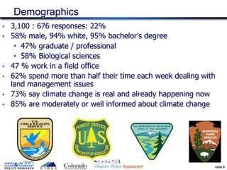 slide 8
• 3,100 : 676 responses: 22%
• 58% male, 94% white, 95% bachelor’s degree
• 47% graduate / professional
• 58% Biological sciences
• 47 % work in a field office
• 62% spend more than half their time each week dealing with
land management issues
• 73% say climate change is real and already happening now
• 85% are moderately or well informed about climate change
Demographics
8
 