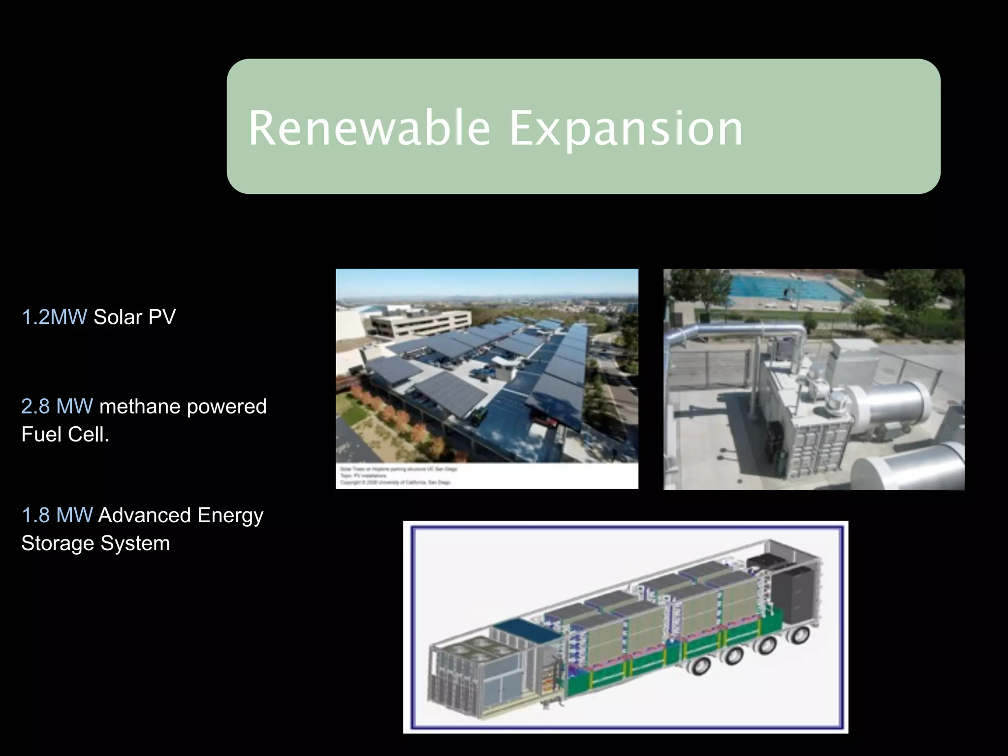 Renewable Expansion


1.2MW Solar PV



2.8 MW methane powered
Fuel Cell.


1.8 MW Advanced Energy
Storage System




 8
 