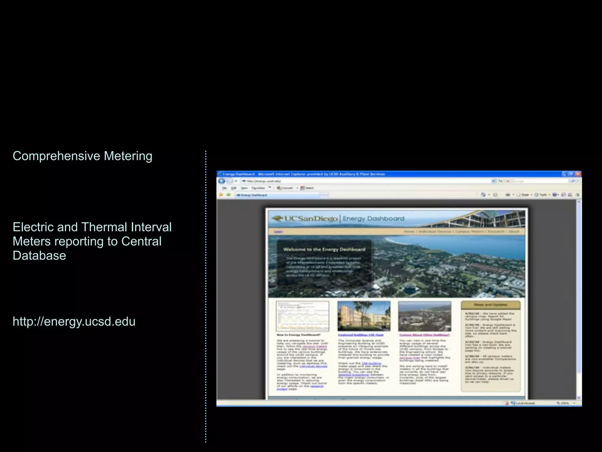 Developing a Micro Smart Grid
Comprehensive Metering
                                2007 Demand Response



Electric and Thermal Interval
Meters reporting to Central
Database




http://energy.ucsd.edu
 