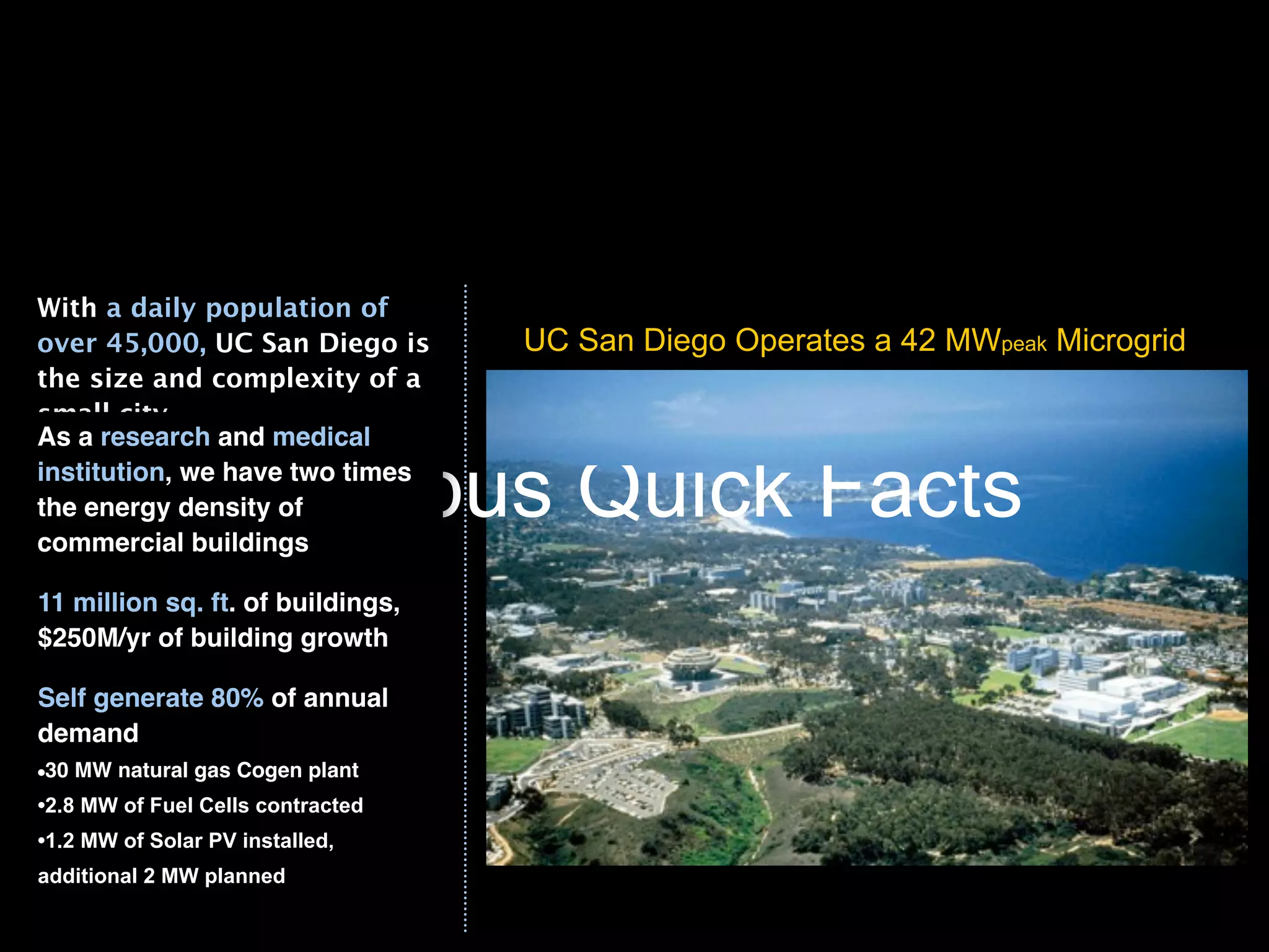 With a daily population of
over 45,000, UC San Diego is       UC San Diego Operates a 42 MWpeak Microgrid
the size and complexity of a
small city.
As a research and medical

                    Campus Quick Facts
institution, we have two times
the energy density of
commercial buildings

11 million sq. ft. of buildings,
$250M/yr of building growth

Self generate 80% of annual
demand
•30 MW natural gas Cogen plant
•2.8 MW of Fuel Cells contracted
•1.2 MW of Solar PV installed,
additional 2 MW planned
 