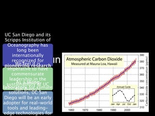 UC San Diego and its
 Scripps Institution of
  Oceanography has
        long been
     internationally
  A History in Climate Research
    recognized for
       We feel it is
 pioneering research
  imperativeclimate
   in global to have
    commensurate
         change.
   leadership in the
       As a living
  sustainability of UC
laboratory for climate
       San Diego’s
   solutions, UC San
      operations.
 Diego will be an early
adopter for real-world
  tools and leading-
 edge technologies for
 