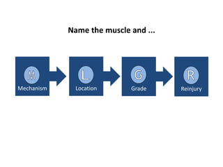 Mechanism Location Grade Reinjury
Name the muscle and ...
 