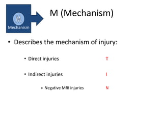 M (Mechanism)
• Describes the mechanism of injury:
• Direct injuries T
• Indirect injuries I
» Negative MRI injuries N
Mechanism
 