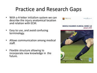 Practice and Research Gaps
• With a 4-letter initialism system we can
describe the injury anatomical location
and relation with ECM.
• Easy to use, and avoid confusing
terminology.
• Allows communication among medical
staff.
• Flexible structure allowing to
incorporate new knowledge in the
future.
 