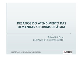 DESAFIOS DO ATENDIMENTO DAS
      DEMANDAS SETORIAIS DE ÁGUA


                                        Dilma Seli Pena
                         São Paulo, 14 de abril de 2010




SECRETARIA DE SANEAMENTO E ENERGIA
 