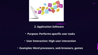 2. Application Software
• Purpose: Performs specific user tasks
• User Interaction: High user interaction
• Examples: Word processors, web browsers, games
 
