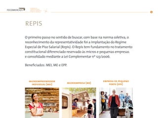repis
O primeiro passo no sentido de buscar, com base na norma coletiva, o
reconhecimento da representatividade foi a implantação do Regime
Especial de Piso Salarial (Repis). O Repis tem fundamento no tratamento
constitucional diferenciado reservado às micros e pequenas empresas
e consolidado mediante a Lei Complementar nº 123/2006.
Beneficiados: MEI, ME e EPP.
microempreendedor
individual (mei) microempresa (me)
empresa de pequeno
porte (epp)
 
