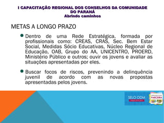METAS A LONGO PRAZO
Dentro de uma Rede Estratégica, formada por
profissionais como: CREAS, CRAS, Sec. Bem Estar
Social, Medidas Sócio Educativas, Núcleo Regional de
Educação, OAB, Grupo do AA, UNICENTRO, PROERD,
Ministério Público e outros; ouvir os jovens e avaliar as
situações apresentadas por eles.
Buscar focos de riscos, prevenindo a delinquência
juvenil de acordo com as novas propostas
apresentadas pelos jovens.
I CAPACITAÇÃO REGIONAL DOS CONSELHOS DA COMUNIDADEI CAPACITAÇÃO REGIONAL DOS CONSELHOS DA COMUNIDADE
DO PARANÁDO PARANÁ
Abrindo caminhosAbrindo caminhos
 