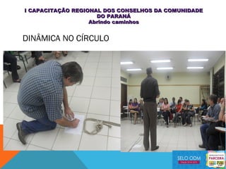 DINÂMICA NO CÍRCULO
I CAPACITAÇÃO REGIONAL DOS CONSELHOS DA COMUNIDADEI CAPACITAÇÃO REGIONAL DOS CONSELHOS DA COMUNIDADE
DO PARANÁDO PARANÁ
Abrindo caminhosAbrindo caminhos
 