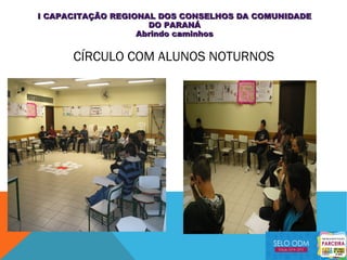 CÍRCULO COM ALUNOS NOTURNOS
I CAPACITAÇÃO REGIONAL DOS CONSELHOS DA COMUNIDADEI CAPACITAÇÃO REGIONAL DOS CONSELHOS DA COMUNIDADE
DO PARANÁDO PARANÁ
Abrindo caminhosAbrindo caminhos
 