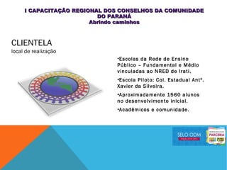 CLIENTELA
local de realização
•Escolas da Rede de Ensino
Público – Fundamental e Médio
vinculadas ao NRED de Irati.
•Escola Piloto: Col. Estadual Antº.
Xavier da Silveira.
•Aproximadamente 1560 alunos
no desenvolvimento inicial.
•Acadêmicos e comunidade.
I CAPACITAÇÃO REGIONAL DOS CONSELHOS DA COMUNIDADEI CAPACITAÇÃO REGIONAL DOS CONSELHOS DA COMUNIDADE
DO PARANÁDO PARANÁ
Abrindo caminhosAbrindo caminhos
 