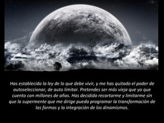 Has establecido la ley de lo que debe vivir, y me has quitado el poder de
autoseleccionar, de auto limitar. Pretendes ser más vieja que yo que
cuento con millones de años. Has decidido recortarme y limitarme sin
que la supermente que me dirige pueda programar la transformación de
las formas y la integración de los dinamismos.
 