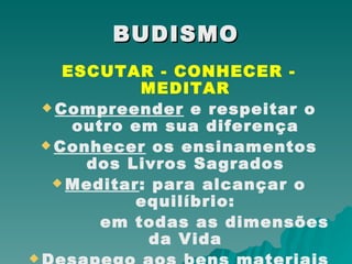 BUDISMO ESCUTAR - CONHECER - MEDITAR Compreender  e respeitar o outro em sua diferença Conhecer  os ensinamentos dos Livros Sagrados Meditar : para alcançar o equilíbrio: em todas as dimensões da Vida Desapego aos bens materiais 