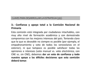 3.- Confianza y apoyo total a la Comisión Nacional de
Primaria
Esta comisión está integrada por ciudadanos intachables, con
muy alto nivel de formación académica y con demostrado
compromiso con los mejores intereses del país. Teniendo claro
que lo que es deseable no siempre es posible (por ejemplo, el
empadronamiento y voto de todos los venezolanos en el
exterior), ni que tampoco es posible satisfacer todas las
opiniones e intereses (voto manual vs. voto electrónico, con
CNE vs. sin CNE), debemos dar un voto de confianza y todo
nuestro apoyo a las difíciles decisiones que esta comisión
deberá tomar.
CLAVES PARA DESARROLLAR LA ESTRATEGIA (3/5)
 