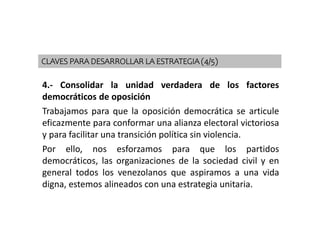 4.- Consolidar la unidad verdadera de los factores
democráticos de oposición
Trabajamos para que la oposición democrática se articule
eficazmente para conformar una alianza electoral victoriosa
y para facilitar una transición política sin violencia.
Por ello, nos esforzamos para que los partidos
democráticos, las organizaciones de la sociedad civil y en
general todos los venezolanos que aspiramos a una vida
digna, estemos alineados con una estrategia unitaria.
CLAVES PARA DESARROLLAR LA ESTRATEGIA (4/5)
 