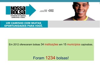 Em 2012 ofereceram bolsas 34 instituições em 15 municípios capixabas.




                   Foram 1234 bolsas!
 