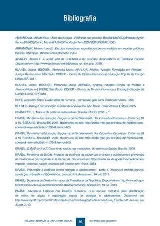 98DIÁLOGOS E MEDIAÇÃO DE CONFLITO NAS ESCOLAS Guia Prático para Educadores
ABRAMOVAY, Miriam; RUA, Maria das Graças. Violências nas escolas. Brasília: UNESCO/Instituto Ayrton
Senna/UNAIDS/Banco Mundial/ USAID/Fundação Ford/CONSED/UNDIME, 2003.
ABRAMOVAY, Miriam (coord.). Escolas inovadoras: experiências bem-sucedidas em escolas públicas.
Brasília: UNESCO, Ministério da Educação, 2004.
ARAÚJO, Ulisses F. A construção da cidadania e de relações democráticas no cotidiano Escolar.
Disponível em: http://www.redhbrasil.net/biblioteca_on_line.php 2010.
BLANEY, Joana; BOONEN, Petronella Maria; ARRUDA, Andrea. Apostila Formação em Práticas –
Justiça Restaurativa. São Paulo: CDHEP – Centro de Direitos Humanos e Educação Popular de Campo
Limpo, SP; 2011.
BLANEY, Joana; BOONEN, Petronella Maria; ARRUDA, Andrea. Apostila Escola do Perdão e
Reconciliação – ESPERE. São Paulo: CDHEP – Centro de Direitos Humanos e Educação Popular de
Campo Limpo, SP; 2010.
BOFF, Leonardo. Saber Cuidar: ética do humano – compaixão pela Terra. Petrópolis:Vozes, 1999.
BOHM, D. Diálogo: comunicação e redes de convivência. São Paulo: Palas Athena Editora, 2005
BRANCHER, L. Manual de práticas restaurativas. Brasília: PNUD, 2006. v. 1.
BRASIL. Ministério da Educação. Programa de Fortalecimento dos Conselhos Escolares - Cadernos 01
a 10. SEB/MEC, Brasília/DF, 2004, disponíveis no site: http://portal.mec.gov.br/index.php?option=com_
content&view=article&id=12384&Itemid=655.
BRASIL. Ministério da Educação. Programa de Fortalecimento dos Conselhos Escolares - Cadernos 01
a 10. SEB/MEC, Brasília/DF, 2004, disponíveis no site: http://portal.mec.gov.br/index.php?option=com_
content&view=article&id=12384&Itemid=655
BRASIL. O SUS de A a Z. Garantindo saúde nos municípios. Ministério da Saúde. Brasília. 2009.
BRASIL. Ministério da Saúde. Impacto da violência na saúde das crianças e adolescentes: prevenção
de violências e promoção da cultura de paz. Disponível em: http://bvsms.saude.gov.br/bvs/publicacoes/
impacto_violencia_saude_criancas.pdf. Acesso em: 10 out. 2013.
BRASIL. Prevenção à violência contra crianças e adolescentes – parte 1. Disponível em:http://bvsms.
saude.gov.br/bvs/dicas/150violencia_crianca.html. Acesso em: 10 out. 2013.
BRASIL.Secretaria de Direitos Humanos da Presidência da República.Disponível em:http://www.sdh.gov.
br/sdh/sobre/sobre-a-secretaria/cartilha-direitos-humanos. Acesso em: 10 out. 2013.
BRASIL. Secretaria Especial dos Direitos Humanos. Guia escolar: métodos para identificação
de sinais de abuso e exploração sexual de crianças e adolescentes. Disponível em:
http://www.mpdft.mp.br/portal/pdf/unidades/promotorias/pdij/Publicacoes/Guia_Escolar.pdf. Acesso em:
30 set. 2013.
Bibliografia
 