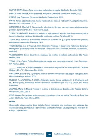 100DIÁLOGOS E MEDIAÇÃO DE CONFLITO NAS ESCOLAS Guia Prático para Educadores
PARRAT-DAYAN, Silvia. Como enfrentar a indisciplina na escola. São Paulo: Contexto, 2008.
PINSKY, Jaime e PINSK, Carla Bassanezi. História da Cidadania. São Paulo: Contexto, 2003.
PRANIS, Kay. Processos Circulares. São Paulo: Palas Athena, 2010.
PINTO, Renato Sócrates Gomes. Justiça Restaurativa: é possível no Brasil?, in Justiça Restaurativa.
Ministério da Justiça/PNUD, 2005.
ROSEMBERG, Marshall B. Comunicação não violenta: técnicas para aprimorar relacionamentos
pessoais e profissionais. São Paulo: Ágora, 2006.
TERRE DES HOMMES. Prevenindo a violência e promovendo a justiça juvenil restaurativa: justiça
juvenil restaurativa e práticas de resolução positiva de conflitos. Fortaleza: 2013.
TERRE DES HOMMES. Construindo relações de cuidado: um guia para implementar práticas
restaurativas nas escolas. Fortaleza: 2013.
THORSBORNE, M. e D.Vinegrad, 2004. Restorative Practices in Classrooms: Rethinking Behaviour
Managemen (Manuscript held by Margaret Thorsborne and Associates, Buderim, Queensland,
Australia).
VASCONCELOS, Carlos Eduardo de. Mediação de conflitos e práticas restaurativas. São Paulo:
Método, 2008.
VEIGA, I. P. A. Projeto Político-Pedagógico da escola: uma construção possível. 10 ed. Campinas,
SP: Papirus , 2000.
______. Inovações e projeto-pedagógico: uma relação regulatória ou emancipatória? Caderno
Cedes, v. 23, nº 61, Campinas, Dez, 2003.
VINYAMATA, Eduard (org). Aprender a partir do conflito: conflitologia e educação. Tradução Ernani
Rosa. Porto Alegre: Artmed, 2005.
McCOLD, P., & WACHTEL, T. (2002). Restorative justice theory validation. In E. Weitekamp and
H-J. Kerner (Eds.), Restorative Justice: Theoretical Foundations (pp. 110-142). Devon, UK: Willan
Publishing.
ZENAIDE, Maria de Nazaré Tavares et al. Ética e Cidadania nas Escolas. João Pessoa: Editora
Universitária, 2003, 259 p.
ZEHR, Howard. Trocando as lentes: um novo foco sobre o crime e a justiça. Tradução de Tonia Van
Acker. São Paulo: Palas Athena, 2008.
Outros
Observação: alguns pontos deste trabalho foram inspirados e/ou motivados por palestras das
equipes do Cecip, do Mediativa e do Centro de Direitos Humanos e Educação Popular (CDHEP) de
Campo Limpo Paulista.
 