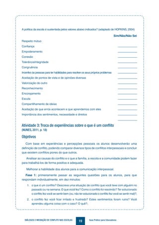 19DIÁLOGOS E MEDIAÇÃO DE CONFLITO NAS ESCOLAS Guia Prático para Educadores
A política da escola é sustentada pelos valores abaixo indicados? (adaptado de HOPKINS, 2004)
								 	 Sim/Não/Não Sei
Respeito mútuo
Confiança
Empoderamento
Conexão
TolerânciaIntegridade	
Congruência
Incentivo às pessoas para ter habilidades para resolver os seus próprios problemas
Aceitação de pontos de vista e de opiniões diversas
Valorização do outro	
Reconhecimento
Encorajamento
Escuta	
Compartilhamento de ideias	
Aceitação de que erros acontecem e que aprendemos com eles 	
Importância dos sentimentos, necessidade e direitos
Atividade 3: Troca de experiências sobre o que é um conflito
(NUNES, 2011, p. 18)
Objetivos
Com base em experiências e percepções pessoais os alunos desenvolverão uma
definição de conflito, podendo comparar diversos tipos de conflitos interpessoais e concluir
que existem conflitos piores do que outros.
Analisar as causas do conflito e o que a família, a escola e a comunidade podem fazer
para trabalhá-los de forma positiva e adequada.
Melhorar a habilidade dos alunos para a comunicação interpessoal.
Fase 1: primeiramente passar as seguintes questões para os alunos, para que
respondam individualmente, em dez minutos:
1.	 o que é um conflito? Descreva uma situação de conflito que você teve com alguém no
passado ou na semana.O que você fez? Como o conflito foi resolvido? Ter solucionado
o conflito fez você se sentir bem (ou, não ter solucionado o conflito fez você se sentir mal)?;
2.	 o conflito fez você ficar irritado e frustrado? Estes sentimentos foram ruins? Você
aprendeu alguma coisa com o caso? O quê?;
 