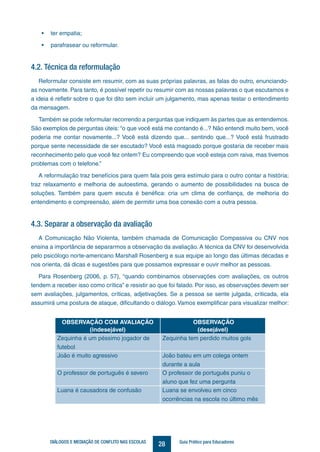 28DIÁLOGOS E MEDIAÇÃO DE CONFLITO NAS ESCOLAS Guia Prático para Educadores
OBSERVAÇÃO COM AVALIAÇÃO
(indesejável)
OBSERVAÇÃO
(desejável)
Zequinha é um péssimo jogador de
futebol
Zequinha tem perdido muitos gols
João é muito agressivo João bateu em um colega ontem
durante a aula
O professor de português é severo O professor de português puniu o
aluno que fez uma pergunta
Luana é causadora de confusão Luana se envolveu em cinco
ocorrências na escola no último mês
• ter empatia;
• parafrasear ou reformular.
4.2. Técnica da reformulação
Reformular consiste em resumir, com as suas próprias palavras, as falas do outro, enunciando-
as novamente. Para tanto, é possível repetir ou resumir com as nossas palavras o que escutamos e
a ideia é refletir sobre o que foi dito sem incluir um julgamento, mas apenas testar o entendimento
da mensagem.
Também se pode reformular recorrendo a perguntas que indiquem às partes que as entendemos.
São exemplos de perguntas úteis: “o que você está me contando é...? Não entendi muito bem, você
poderia me contar novamente...? Você está dizendo que... sentindo que...? Você está frustrado
porque sente necessidade de ser escutado? Você está magoado porque gostaria de receber mais
reconhecimento pelo que você fez ontem? Eu compreendo que você esteja com raiva, mas tivemos
problemas com o telefone.”
A reformulação traz benefícios para quem fala pois gera estímulo para o outro contar a história;
traz relaxamento e melhoria de autoestima, gerando o aumento de possibilidades na busca de
soluções. Também para quem escuta é benéfica: cria um clima de confiança, de melhoria do
entendimento e compreensão, além de permitir uma boa conexão com a outra pessoa.
4.3. Separar a observação da avaliação
A Comunicação Não Violenta, também chamada de Comunicação Compassiva ou CNV nos
ensina a importância de separarmos a observação da avaliação. A técnica da CNV foi desenvolvida
pelo psicólogo norte-americano Marshall Rosenberg e sua equipe ao longo das últimas décadas e
nos orienta, dá dicas e sugestões para que possamos expressar e ouvir melhor as pessoas.
Para Rosenberg (2006, p. 57), “quando combinamos observações com avaliações, os outros
tendem a receber isso como crítica” e resistir ao que foi falado. Por isso, as observações devem ser
sem avaliações, julgamentos, críticas, adjetivações. Se a pessoa se sente julgada, criticada, ela
assumirá uma postura de ataque, dificultando o diálogo. Vamos exemplificar para visualizar melhor:
 