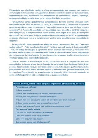 50DIÁLOGOS E MEDIAÇÃO DE CONFLITO NAS ESCOLAS Guia Prático para Educadores
É importante que o facilitador mantenha o foco nas necessidades das pessoas, para manter a
comunicação de forma isenta e sem julgamentos. Essas necessidades podem ser as mais diversas,
dependendo do caso; normalmente são necessidades de compreensão, respeito, segurança,
proteção, privacidade, empatia, lazer, pertencimento, liberdade, entre outras.
Para auxiliar as partes e possibilitar que as necessidades da vítima e demais envolvidos sejam
compreendidas por todas as pessoas do círculo, é conveniente que o coordenador se utilize de
perguntas empáticas, como por exemplo: i) “você está inseguro e teme que tais fatos ocorram
novamente?”; ii) “você está assustado com as ameaças e por isto está se sentindo inseguro e
quer proteção?”; iii) “a sua privacidade é violada quando todos pegam a sua bolsa e a abre perto
dos outros?”; iv) “a sua honra é violada quando colocam este apelido em você”? v) “quando todos
os colegas olham para você e te cumprimentam, você se sente atendida na sua necessidade de
respeito?”.
As perguntas são livres e poderão ser adaptadas a cada caso concreto, tais como: “você está
sentido tristeza?” – “não, eu estou sentido raiva!” – “então o que você precisa é de compreensão?”
– “sim, um pedido de desculpas e a promessa de que tais fatos não ocorram, já resolveria o meu
problema”. Neste momento o coordenador busca facilitar ao ofensor/autor dos fatos a compreensão
das necessidades da vítima/receptor do fato. As perguntas empáticas auxiliam em redirecionar a
escuta de todos para as necessidades das partes.
Uma vez satisfeita a vítima/receptor do fato por ter sido ouvida e compreendida em suas
necessidades, é chegada a hora da manifestação da comunidade (pais, familiares, funcionários,
pessoas da comunidade etc) que é convidada a falar; ou seja, todos aqueles que foram convidados
para participar do Círculo terão a palavra e deverão fazer comentários gerais ou específicos, com
foco nos fatos. Todos deverão ter a oportunidade de expressão dentro do círculo e deverão se
sentir satisfeitos por terem sido escutados sobre as suas necessidades.
D
Durante o círculo, lembre-se das perguntas importantes para auxiliar no processo
Perguntas para o ofensor
1. O que aconteceu?
2. O que você estava pensando e sentindo naquele momento?
3. O que você vem pensando e sentindo desde então?
4. Quem mais você acha que foi afetado por isto? Como eles foram afetados?
5. O que precisa acontecer para as coisas ficarem bem?
6. O que você aprendeu? O que você poderia fazer diferente no futuro?
Para a pessoa que foi afetada
Qual foi a sua reação no momento do incidente?
Como você se sente sobre o que aconteceu?
Como você foi ou tem sido afetado?
Qual tem sido a coisa mais difícil para você?
 