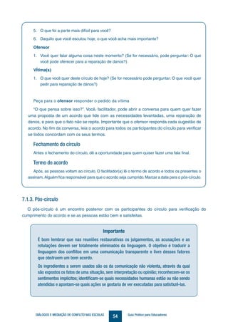 54DIÁLOGOS E MEDIAÇÃO DE CONFLITO NAS ESCOLAS Guia Prático para Educadores
5.	 O que foi a parte mais difícil para você?
6.	 Daquilo que você escutou hoje, o que você acha mais importante?
Ofensor
1.	 Você quer falar alguma coisa neste momento? (Se for necessário, pode perguntar: O que
você pode oferecer para a reparação de danos?)
VÍtima(s)
1.	 O que você quer deste círculo de hoje? (Se for necessário pode perguntar: O que você quer
pedir para reparação de danos?)
Peça para o ofensor responder o pedido da vítima
“O que pensa sobre isso?”. Você, facilitador, pode abrir a conversa para quem quer fazer
uma proposta de um acordo que lide com as necessidades levantadas, uma reparação de
danos, e para que o fato não se repita. Importante que o ofensor responda cada sugestão de
acordo. No fim da conversa, leia o acordo para todos os participantes do círculo para verificar
se todos concordam com os seus termos.
Fechamento do círculo
Antes o fechamento do círculo, dê a oportunidade para quem quiser fazer uma fala final.
Termo do acordo
Após, as pessoas voltam ao círculo. O facilitador(a) lê o termo de acordo e todos os presentes o
assinam.Alguém fica responsável para que o acordo seja cumprido.Marcar a data para o pós-círculo.
7.1.3. Pós-círculo
O pós-círculo é um encontro posterior com os participantes do círculo para verificação do
cumprimento do acordo e se as pessoas estão bem e satisfeitas.
Importante
É bom lembrar que nas reuniões restaurativas os julgamentos, as acusações e as
rotulações devem ser totalmente eliminados da linguagem. O objetivo é traduzir a
linguagem dos conflitos em uma comunicação transparente e livre desses fatores
que obstruem um bom acordo.
Os ingredientes a serem usados são os da comunicação não violenta, através da qual
são expostos os fatos de uma situação, sem interpretação ou opinião; reconhecem-se os
sentimentos implícitos; identificam-se quais necessidades humanas estão ou não sendo
atendidas e apontam-se quais ações se gostaria de ver executadas para satisfazê-las.
 