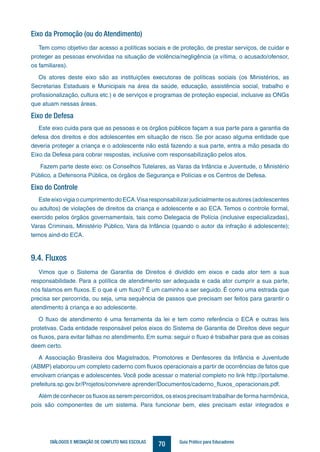 70DIÁLOGOS E MEDIAÇÃO DE CONFLITO NAS ESCOLAS Guia Prático para Educadores
Eixo da Promoção (ou do Atendimento)
Tem como objetivo dar acesso a políticas sociais e de proteção, de prestar serviços, de cuidar e
proteger as pessoas envolvidas na situação de violência/negligência (a vítima, o acusado/ofensor,
os familiares).
Os atores deste eixo são as instituições executoras de políticas sociais (os Ministérios, as
Secretarias Estaduais e Municipais na área da saúde, educação, assistência social, trabalho e
profissionalização, cultura etc.) e de serviços e programas de proteção especial, inclusive as ONGs
que atuam nessas áreas.
Eixo de Defesa
Este eixo cuida para que as pessoas e os órgãos públicos façam a sua parte para a garantia da
defesa dos direitos e dos adolescentes em situação de risco. Se por acaso alguma entidade que
deveria proteger a criança e o adolescente não está fazendo a sua parte, entra a mão pesada do
Eixo da Defesa para cobrar respostas, inclusive com responsabilização pelos atos.
Fazem parte deste eixo: os Conselhos Tutelares, as Varas da Infância e Juventude, o Ministério
Público, a Defensoria Pública, os órgãos de Segurança e Polícias e os Centros de Defesa.
Eixo do Controle
Este eixo vigia o cumprimento do ECA.Visa responsabilizar judicialmente os autores (adolescentes
ou adultos) de violações de direitos da criança e adolescente e ao ECA. Temos o controle formal,
exercido pelos órgãos governamentais, tais como Delegacia de Polícia (inclusive especializadas),
Varas Criminais, Ministério Público, Vara da Infância (quando o autor da infração é adolescente);
temos aind-do ECA.
9.4. Fluxos
Vimos que o Sistema de Garantia de Direitos é dividido em eixos e cada ator tem a sua
responsabilidade. Para a política de atendimento ser adequada e cada ator cumprir a sua parte,
nós falamos em fluxos. E o que é um fluxo? É um caminho a ser seguido. É como uma estrada que
precisa ser percorrida, ou seja, uma sequência de passos que precisam ser feitos para garantir o
atendimento à criança e ao adolescente.
O fluxo de atendimento é uma ferramenta da lei e tem como referência o ECA e outras leis
protetivas. Cada entidade responsável pelos eixos do Sistema de Garantia de Direitos deve seguir
os fluxos, para evitar falhas no atendimento. Em suma: seguir o fluxo é trabalhar para que as coisas
deem certo.
A Associação Brasileira dos Magistrados, Promotores e Denfesores da Infância e Juventude
(ABMP) elaborou um completo caderno com fluxos operacionais a partir de ocorrências de fatos que
envolvam crianças e adolescentes. Você pode acessar o material completo no link http://portalsme.
prefeitura.sp.gov.br/Projetos/convivere aprender/Documentos/caderno_fluxos_operacionais.pdf.
Além de conhecer os fluxos as serem percorridos, os eixos precisam trabalhar de forma harmônica,
pois são componentes de um sistema. Para funcionar bem, eles precisam estar integrados e
 