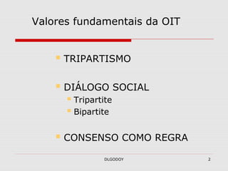 DLGODOY 2
Valores fundamentais da OIT
 TRIPARTISMO
 DIÁLOGO SOCIAL
 Tripartite
 Bipartite
 CONSENSO COMO REGRA
 